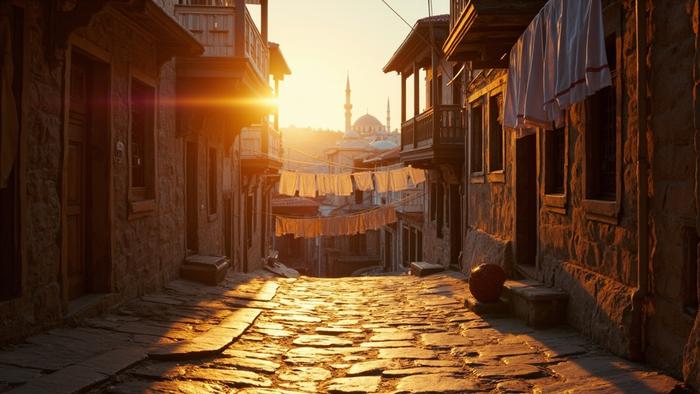 A golden-hour photograph of a cobbled street in a Turkish town, with stone buildings, a distant minaret and laundry hanging between whitewashed walls.