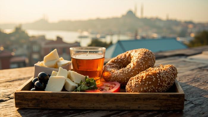 A wooden tray of Turkish breakfast items including white cheese, olives, tomatoes, honey and simit bread on a rooftop terrace in Istanbul, with the city skyline in soft morning light.