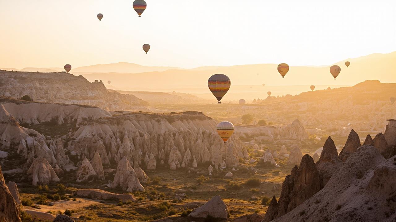 Fairy chimneys and valleys of Cappadocia in soft spring morning light, hot air balloons in a pale sky over the Central Anatolian plateau