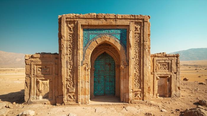 The stone carved entrance of a Seljuk-era caravanserai in the Anatolian steppe, with weathered limestone walls and a blue-tiled portal under a clear winter sky.