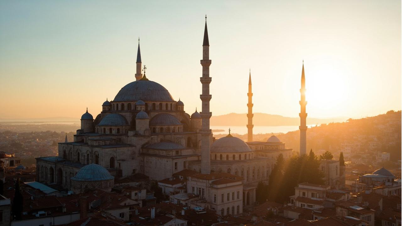 Late afternoon light on the domes and minarets of an Ottoman mosque, with the city's rooftops and a distant hillside visible below.