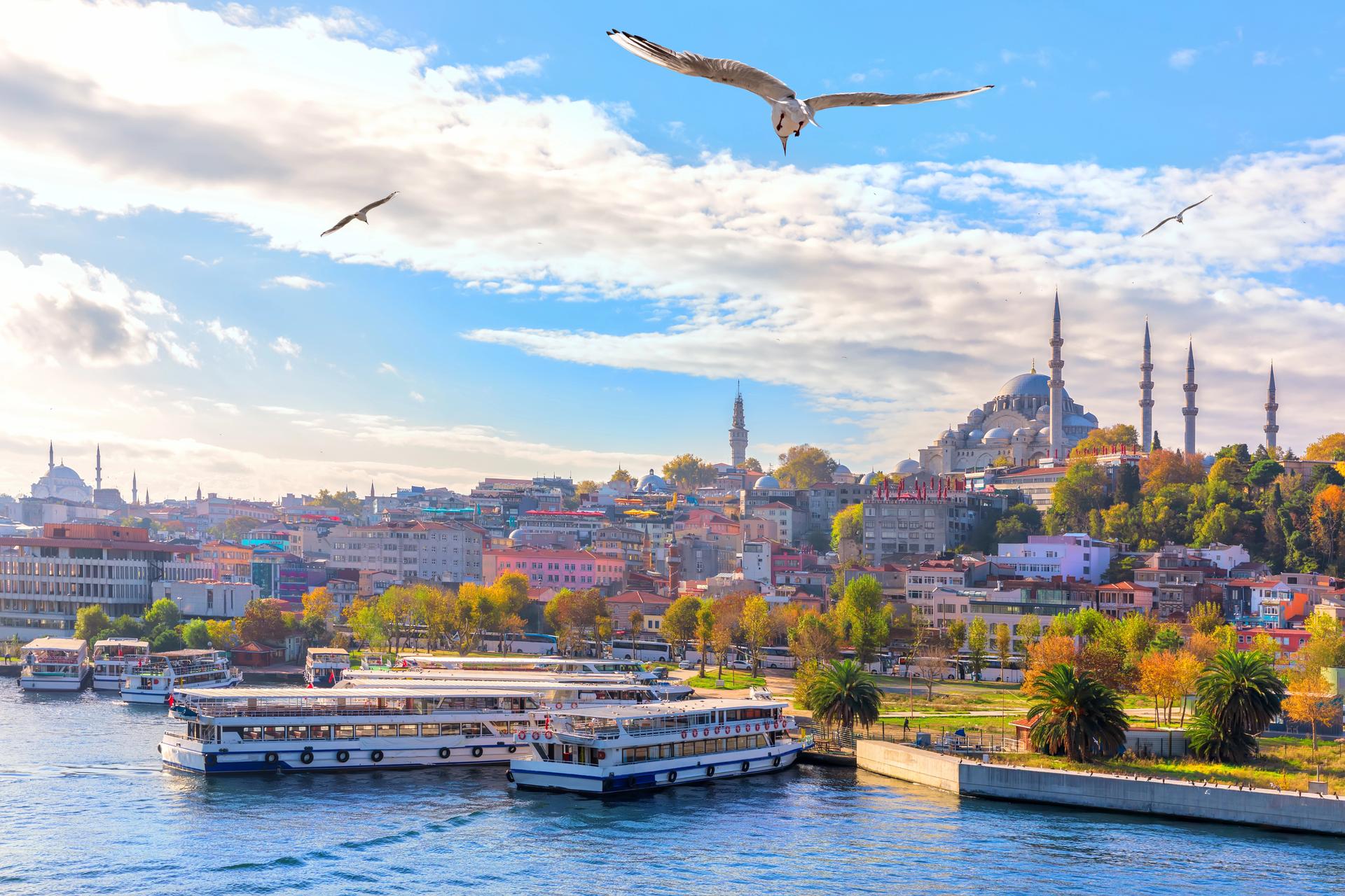 Ferries at Eminönü on the Golden Horn, with the Süleymaniye Mosque on the skyline above the old city of Istanbul