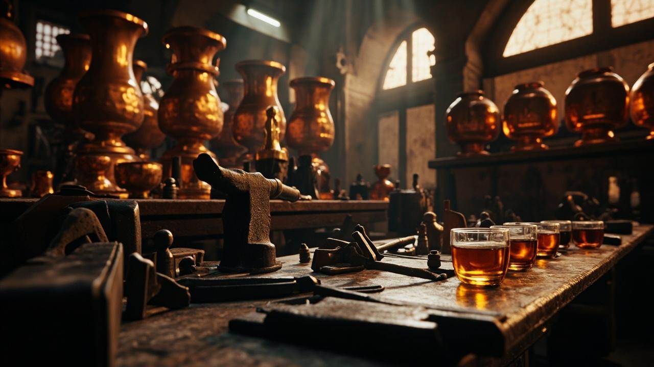 A copper workshop in the Grand Bazaar, Istanbul, with traditional tools laid out on a workbench and small glasses of tea visible on a shelf.